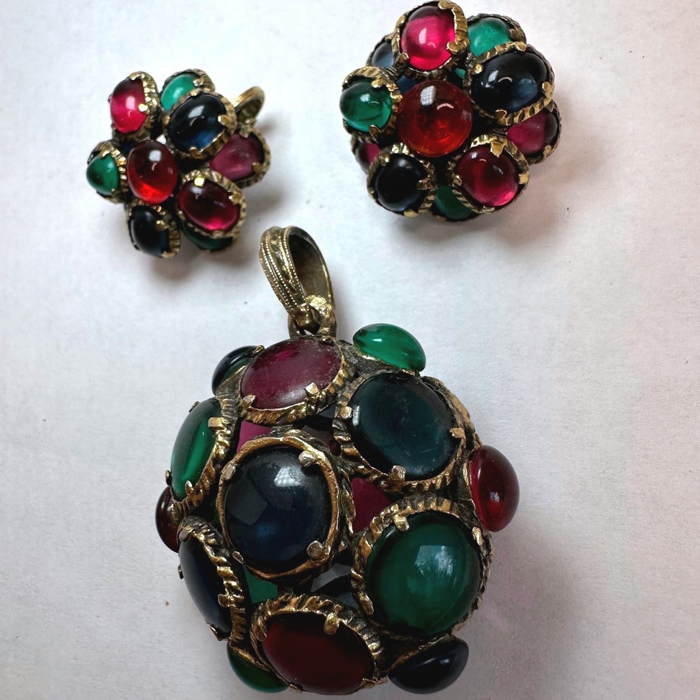 Trifari Womens Jewelry Set OS Multi Color Vintage Glass Cabochon Orb Byzantine